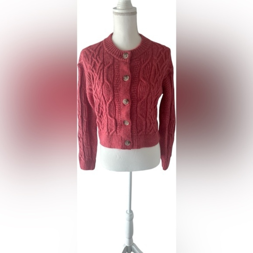 Old Navy Raspberry Cable Knit Button-Up Cardigan Sweater, Cozy Fall Winter Layer